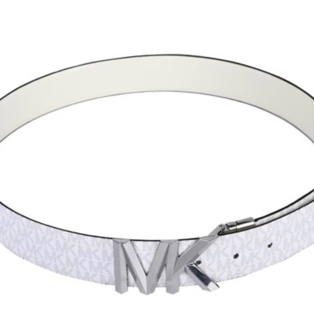 Michael Kors White MK Logo Monogram Belt with Silver Buckle - Picture 2 of 3